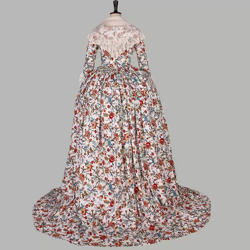 Cream Floral Rococo Gown with Cape and Lace Details - 18th Century Ball Gown - Plus Size